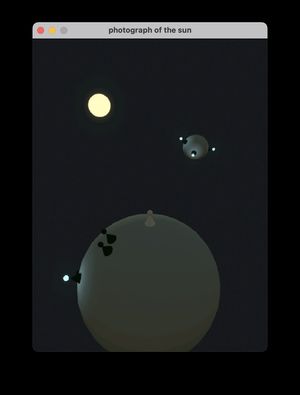 Screenshot of my game 'photograph of the sun'. A small 3d solar system populated by simple geometric figures.