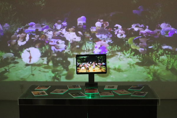 Polaroids lay strewn across a transparent acrylic pane, underlit in green fluorescent light. Behind the acrylic stand, a digital 3D garden is projected onto the back wall.